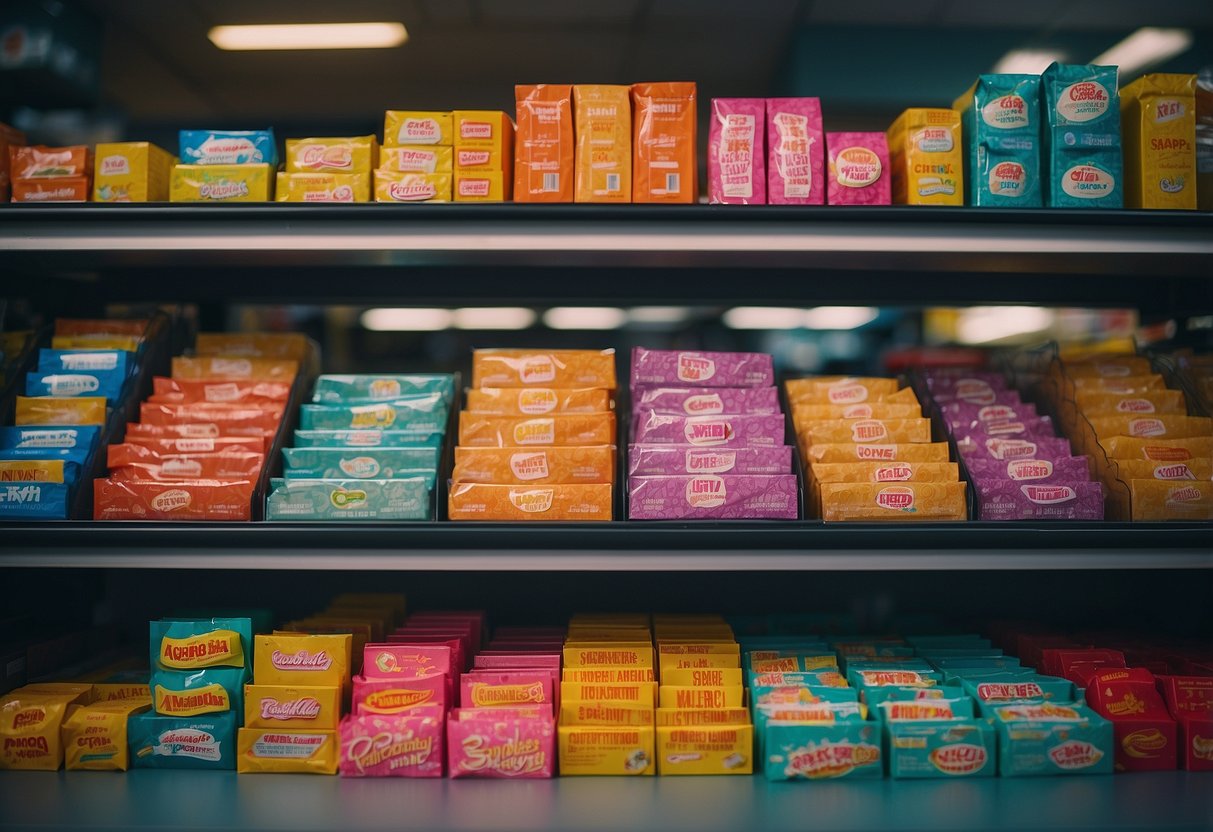 A colorful display of "Frequently Asked Questions" signage with various flavors of chewing gum in a Singaporean convenience store