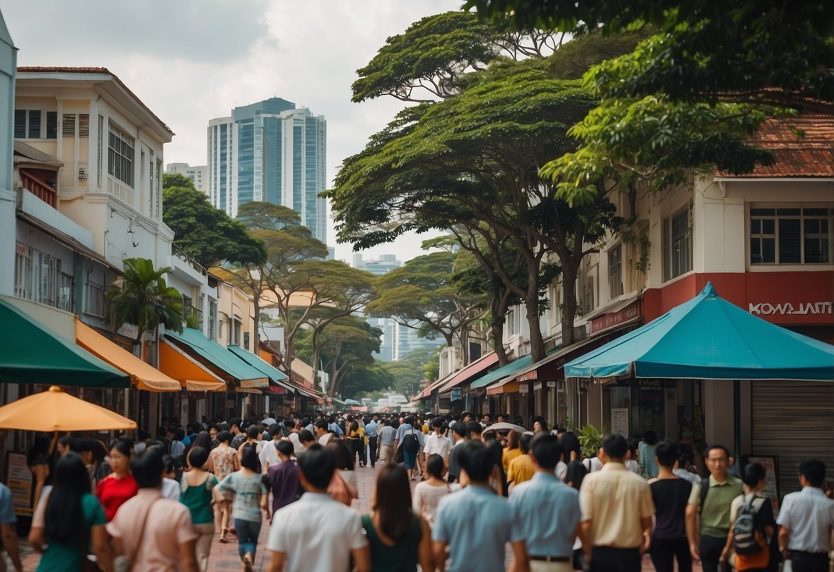 A bustling street in Everton Park, Singapore, with colorful shopfronts and people milling about, seeking answers to their frequently asked questions