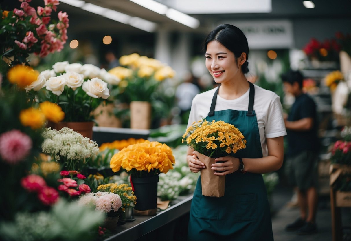 A customer receives pricing and support at Floral Garage Singapore