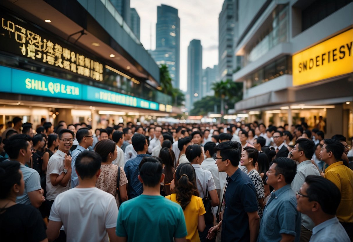 A crowd gathers around a sign that reads "Frequently Asked Questions" in the bustling streets of Singapore. People engage in a lively discussion, some gesturing animatedly