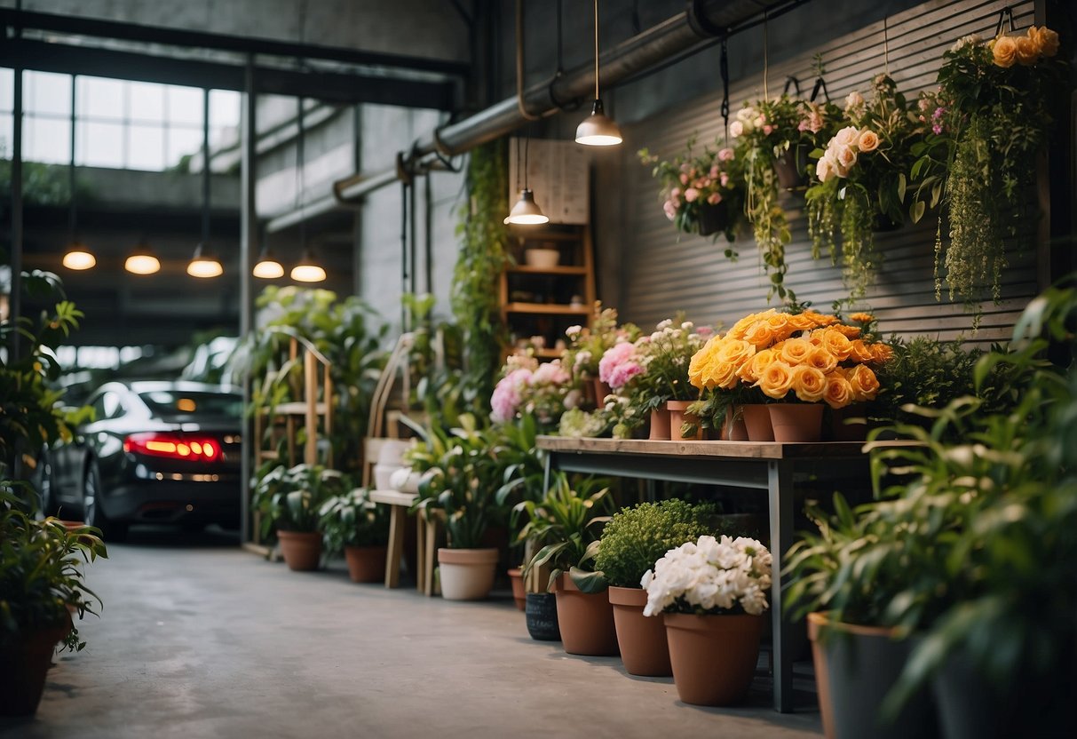 A colorful array of flowers and greenery arranged in a stylish and modern garage setting, with a sign reading "Frequently Asked Questions floral garage singapore."