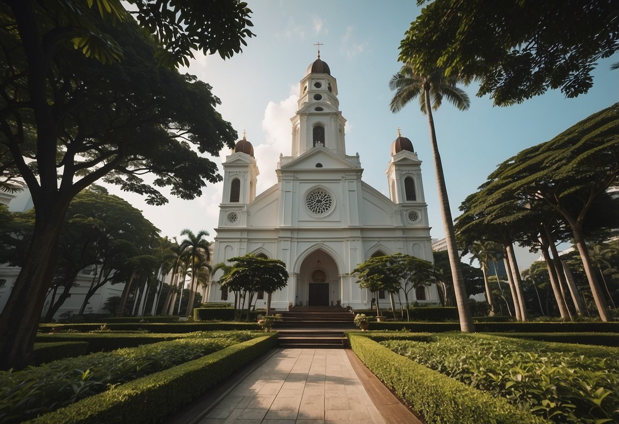 The grand church of Singapore stands tall, with intricate architectural details and a striking steeple reaching towards the sky. Surrounding greenery adds to the serene atmosphere