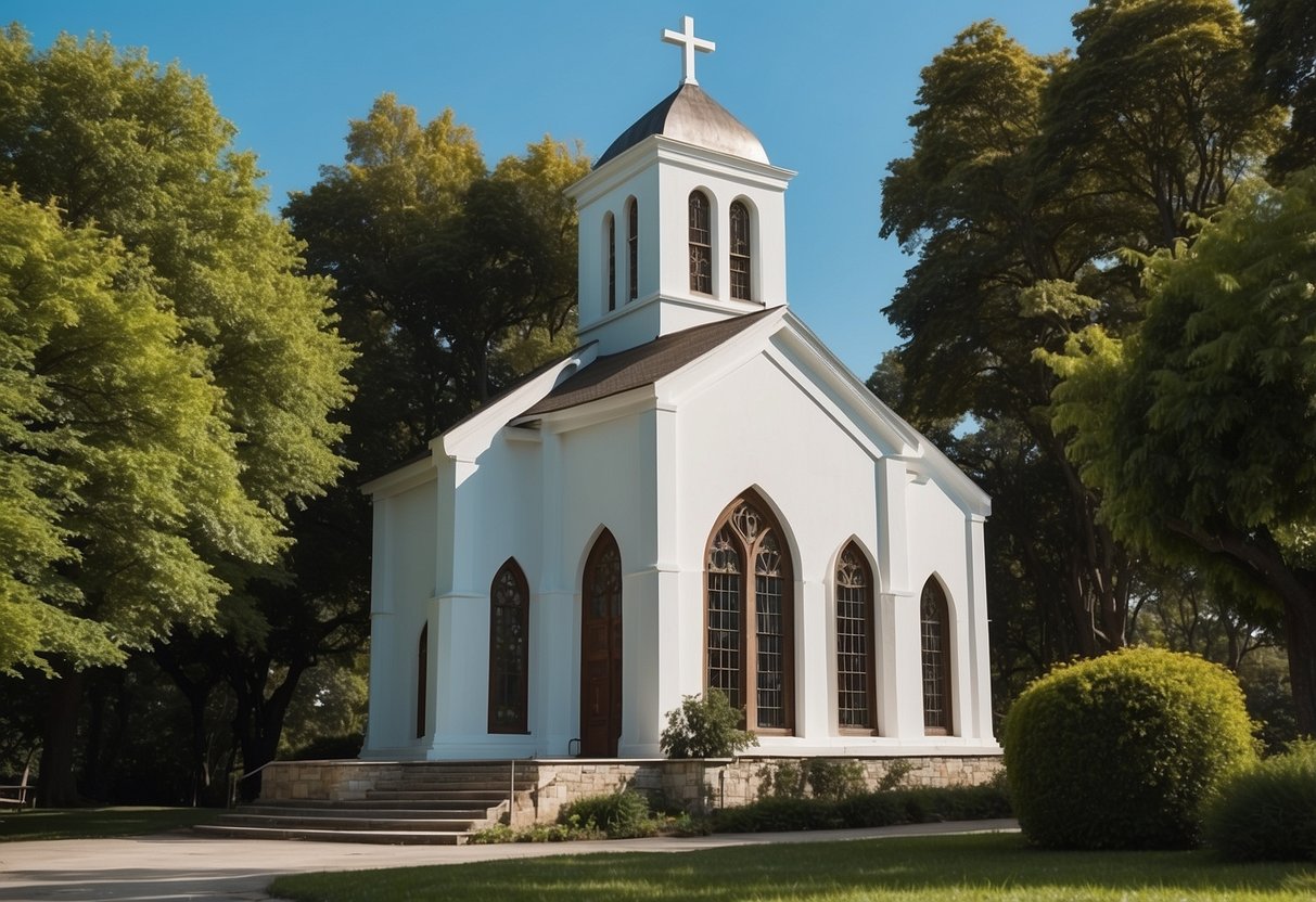 The church stands tall with a cross on the rooftop, surrounded by lush greenery and a clear blue sky