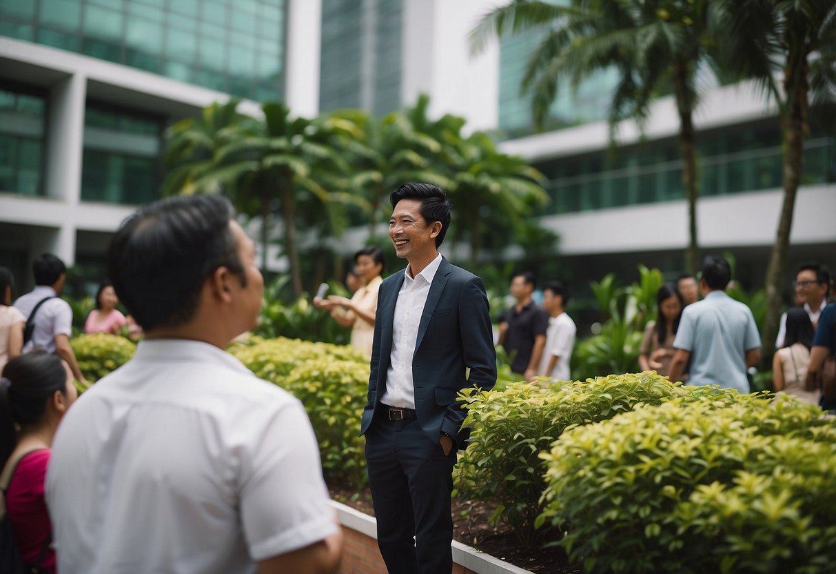 A diverse group gathers outside a modern church in Singapore, engaging in community outreach activities. The church is surrounded by lush greenery and colorful buildings