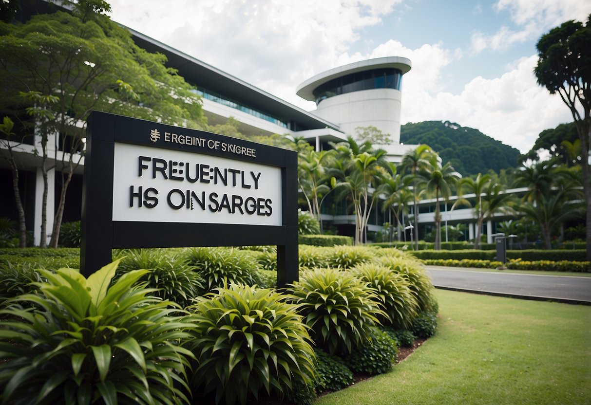A modern church building with a sign reading "Frequently Asked Questions church of Singapore" in bold letters, surrounded by lush greenery