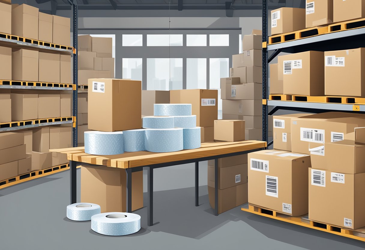 A stack of cardboard boxes, rolls of packing tape, and bubble wrap on a warehouse shelf. A label printer and scissors sit on a nearby table