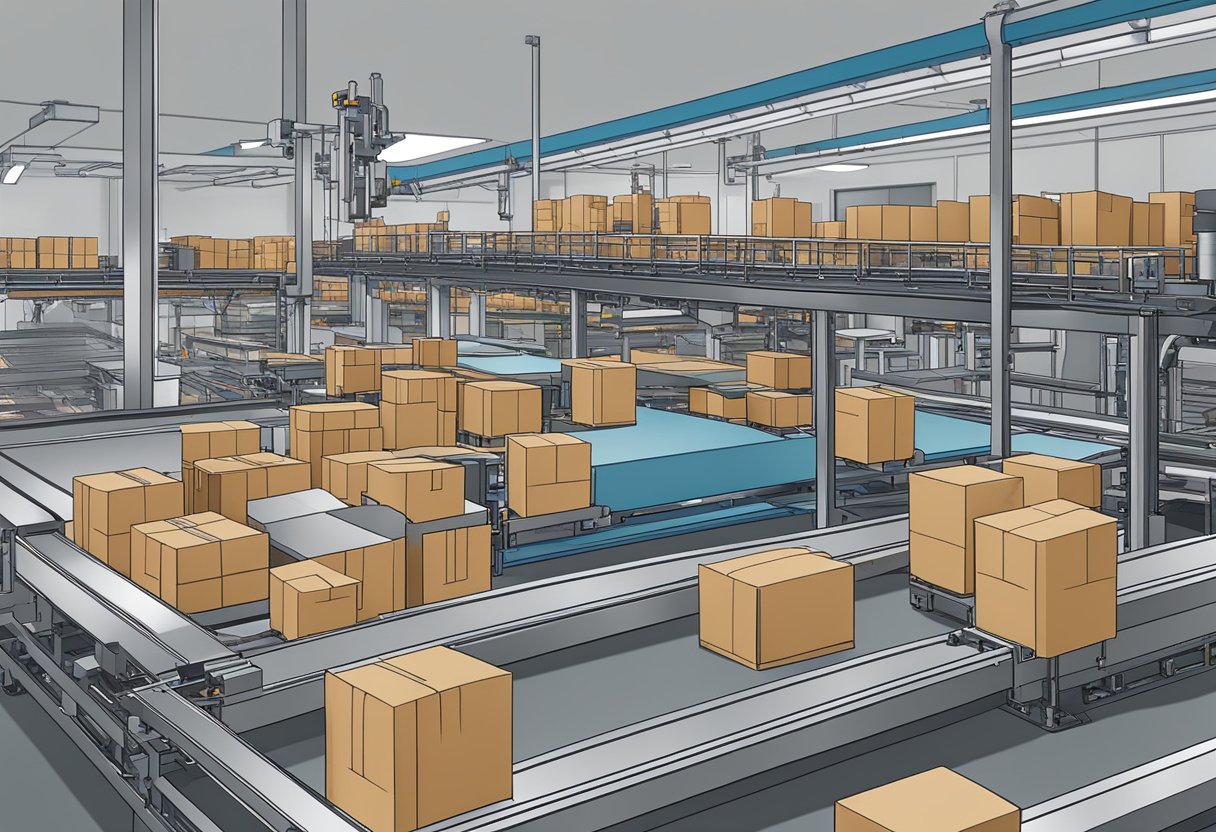 A conveyor belt moves neatly stacked boxes through a state-of-the-art packaging facility, where automated machines seal, label, and load them with precision