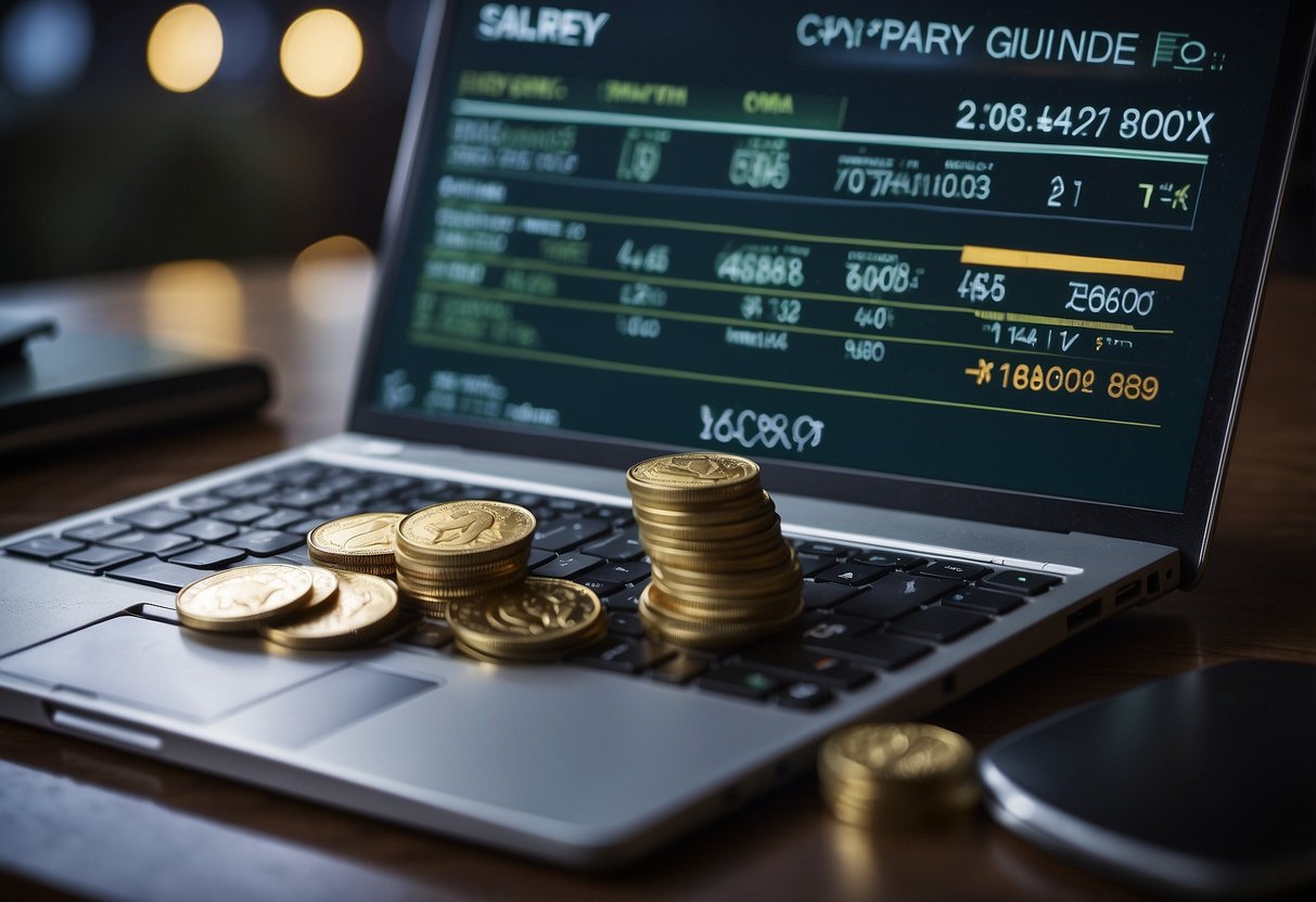 A stack of currency notes and coins with the words "Salary Guide Singapore" prominently displayed on a computer screen