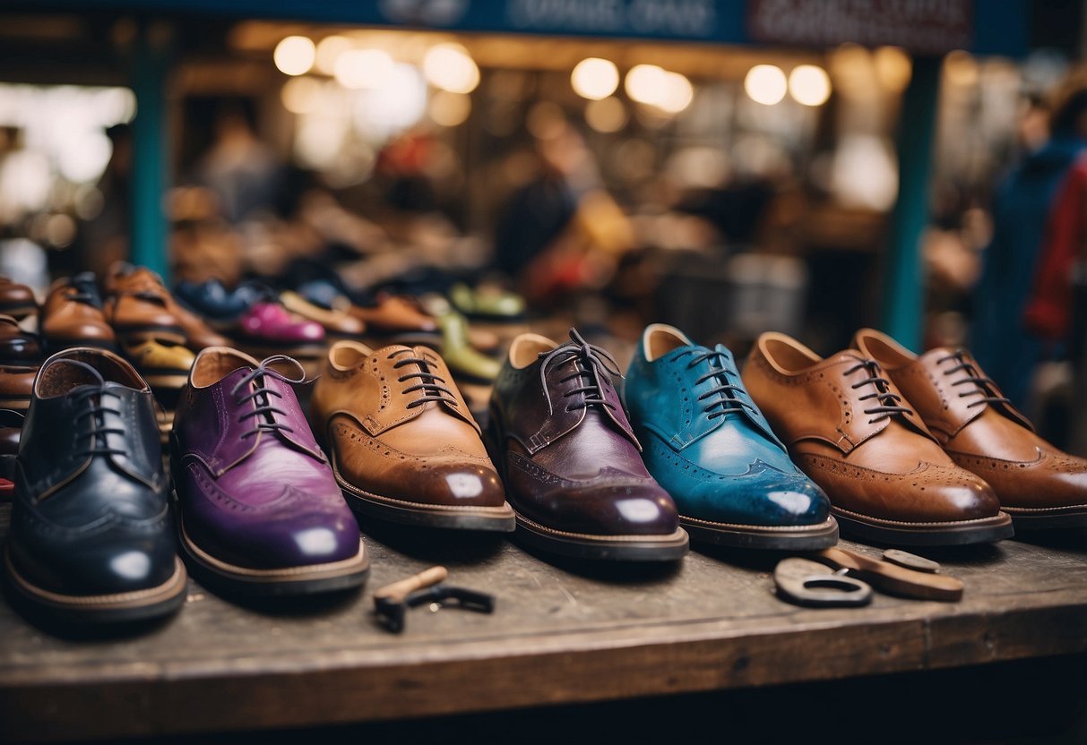 A cobbler's stall in Singapore, bustling with colorful shoes and tools. A sign in the background reads "Cobbler Singapore," while the cobbler works on a pair of worn-out shoes