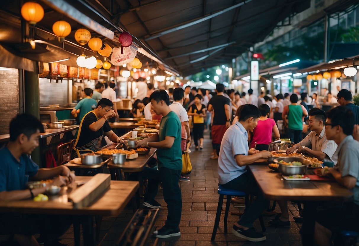 A bustling hawker center in Singapore, with colorful food stalls and diners enjoying traditional dishes at outdoor tables