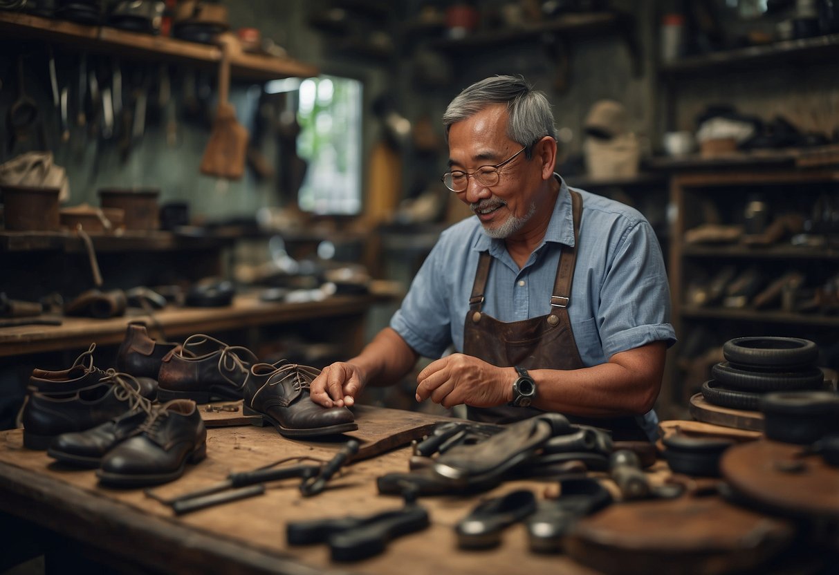 A cobbler in Singapore carefully mends a worn-out pair of shoes, surrounded by tools and materials in a cozy workshop