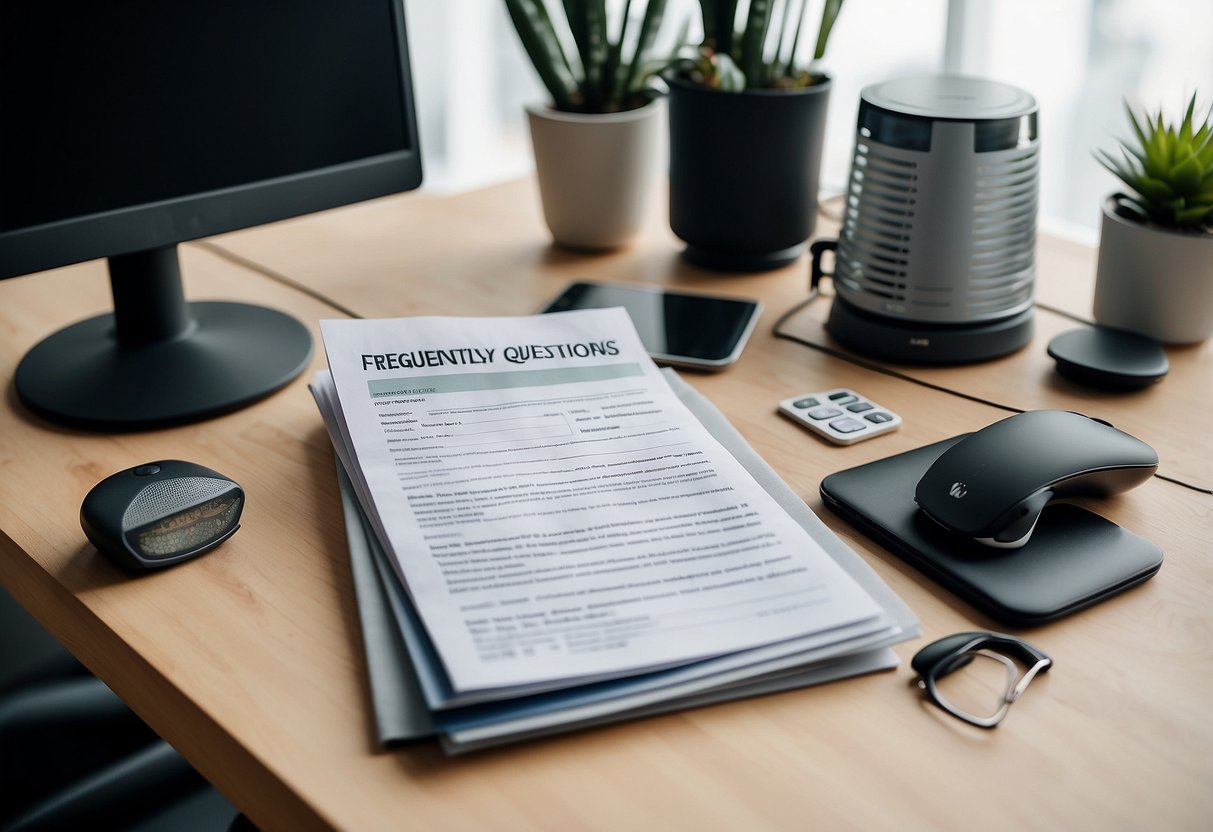 A stack of papers with "Frequently Asked Questions salary guide singapore" printed on top, surrounded by office supplies and a computer screen displaying the same text