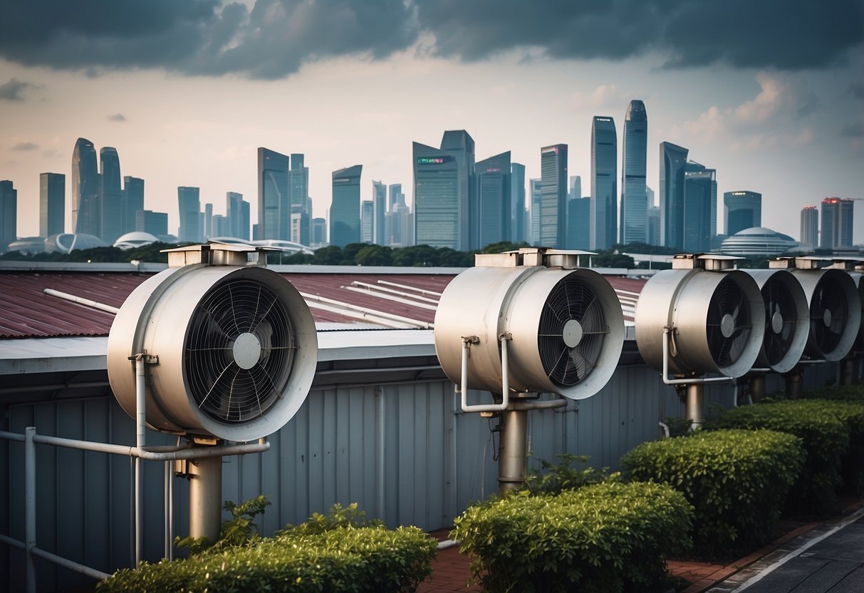 A group of industrial buildings with large ventilation fans and exhaust pipes, surrounded by tall metal fences and security cameras, with a backdrop of the Singapore skyline