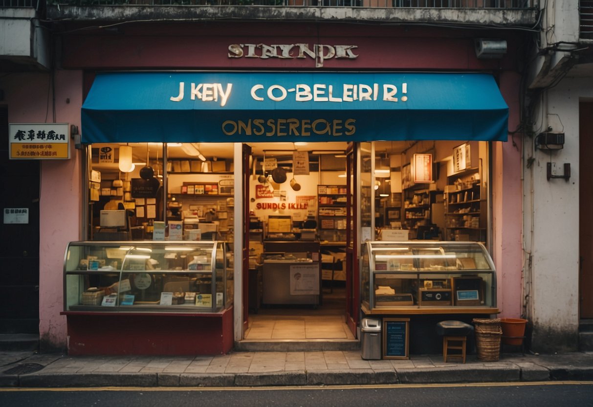 A cobbler's shop with a sign reading "Key Cobbler Services and Locations" in a bustling Singapore street