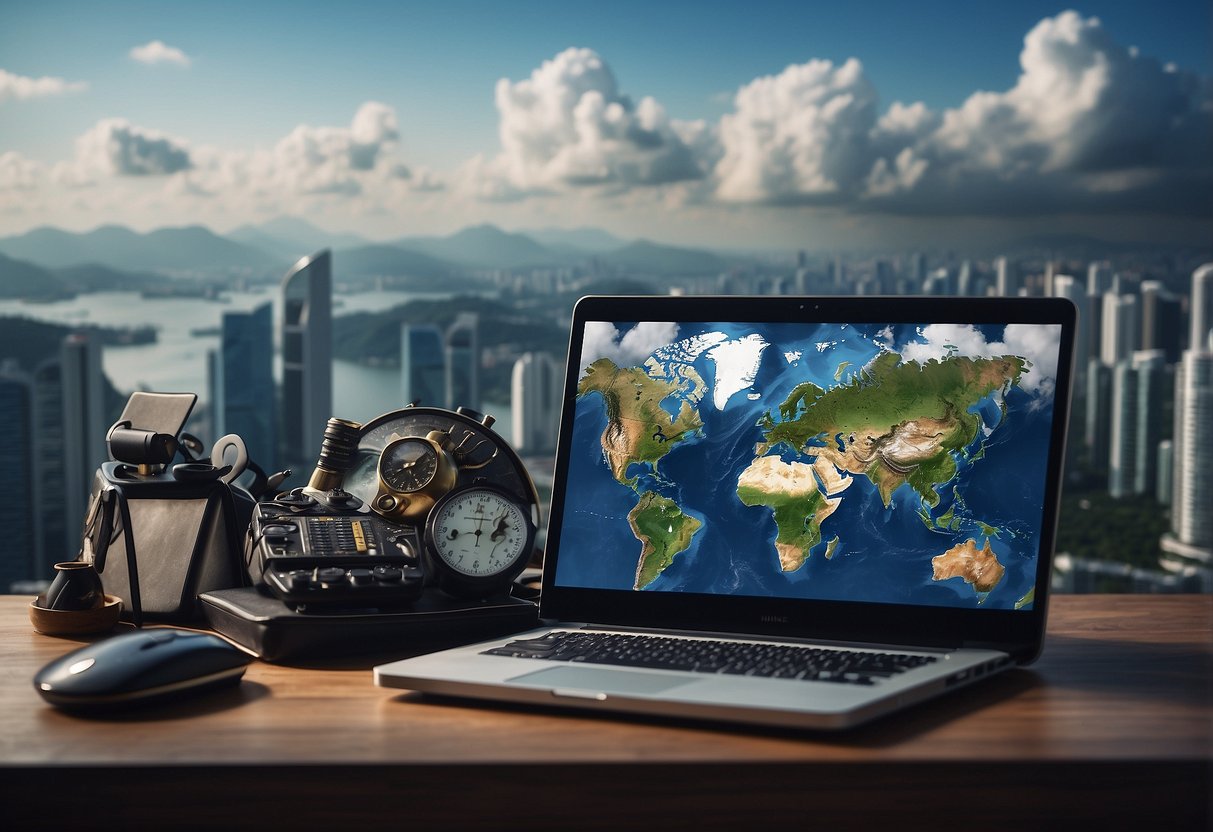 A computer surrounded by clouds, with a pickaxe symbolizing mining, and a map of Singapore in the background