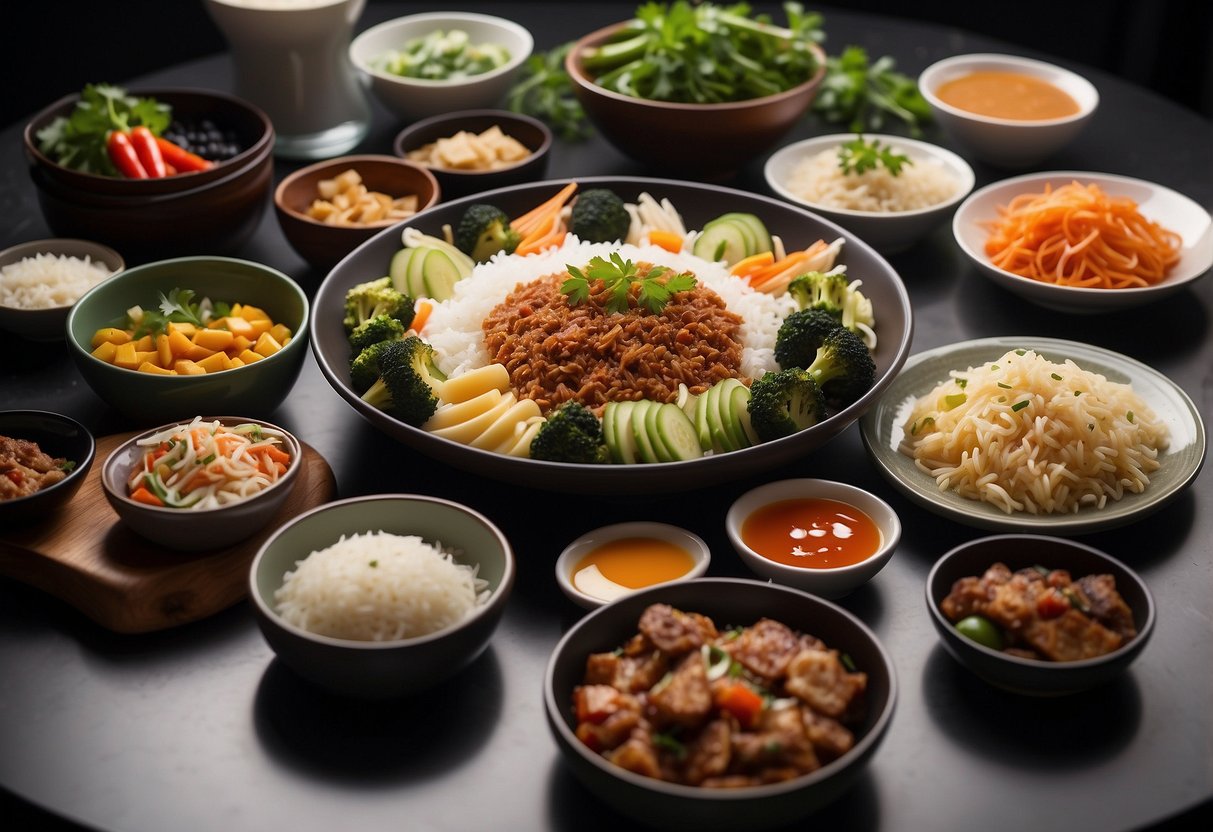A table set with a variety of dishes including rice, noodles, meat, and vegetables, with condiments and utensils neatly arranged