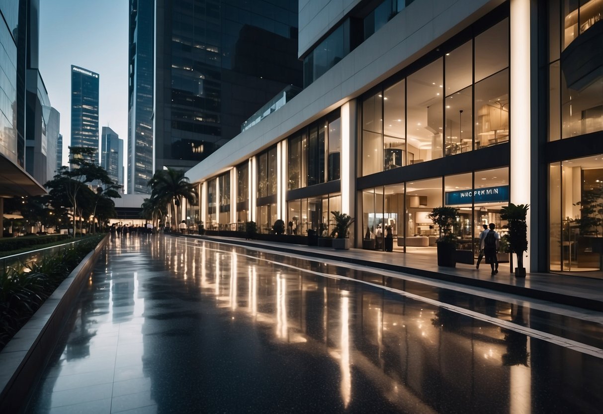 A bustling street in Singapore, lined with modern and sleek showrooms showcasing the latest products and designs. Bright lights and large windows invite passersby to explore inside