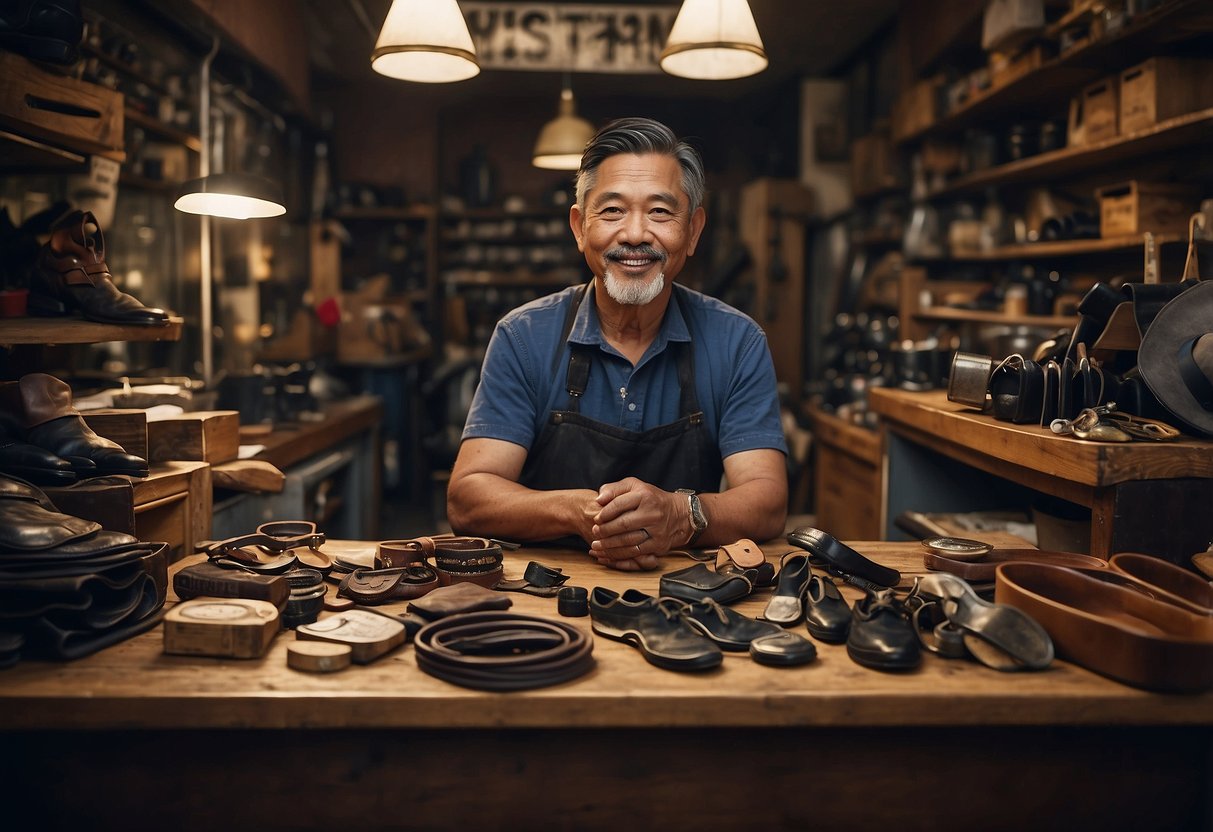 A cobbler in Singapore surrounded by shoe repair tools and materials, with a sign displaying "Frequently Asked Questions" prominently