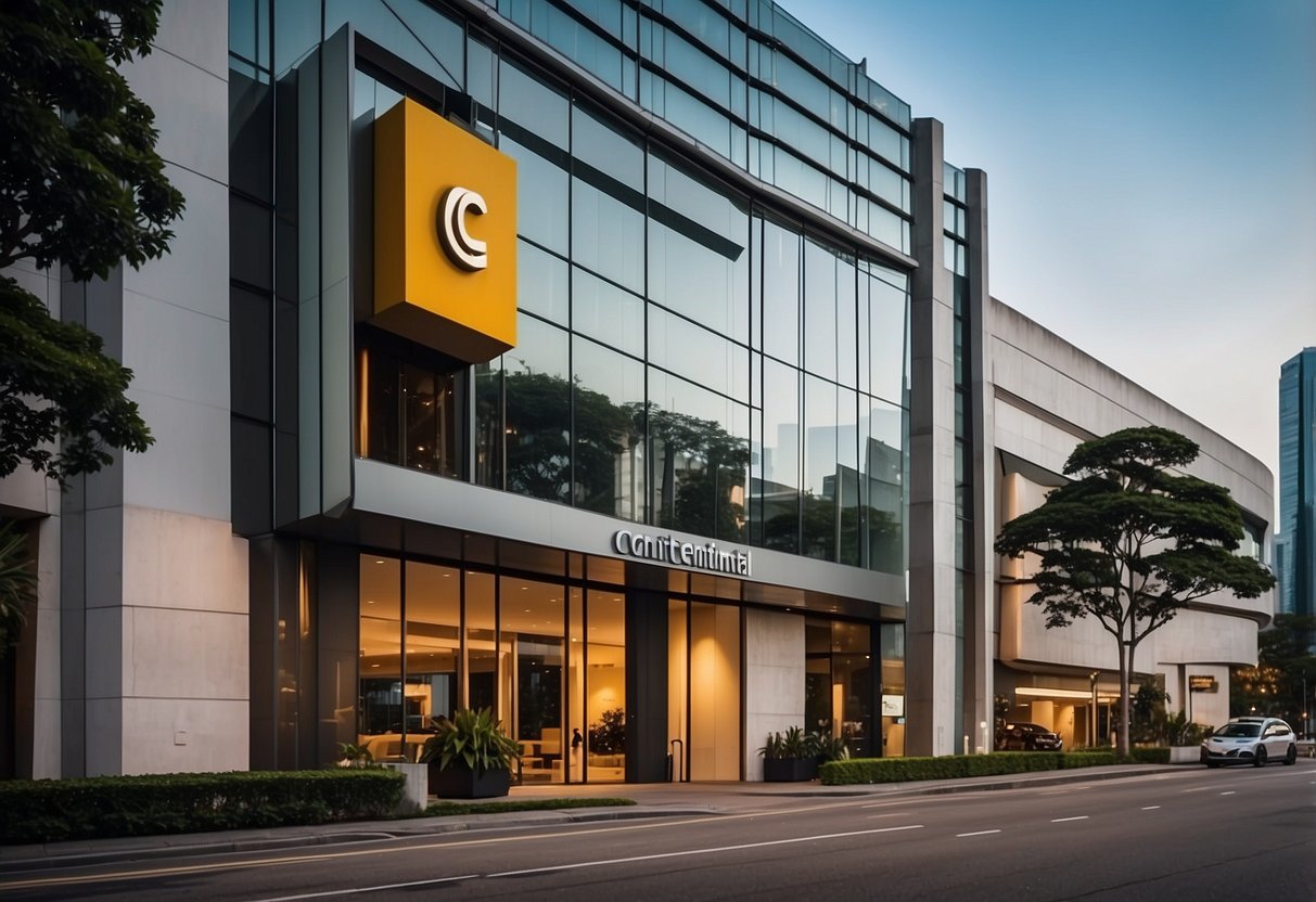The bustling streets of Singapore showcase the sleek and modern facade of Continental Automotive, with its distinctive logo and cutting-edge technology on display