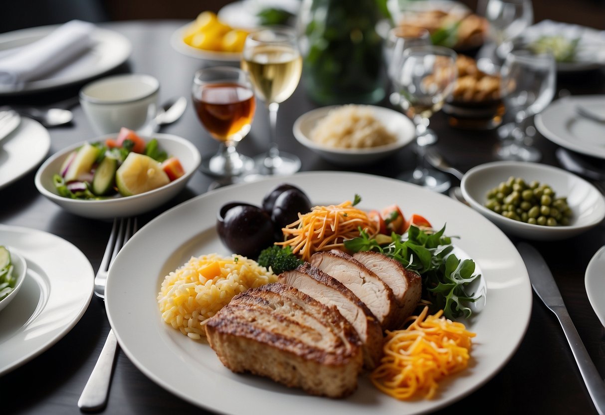 A table set with a variety of dishes, cutlery, and napkins. A menu with "Frequently Asked Questions set lunch Singapore" displayed