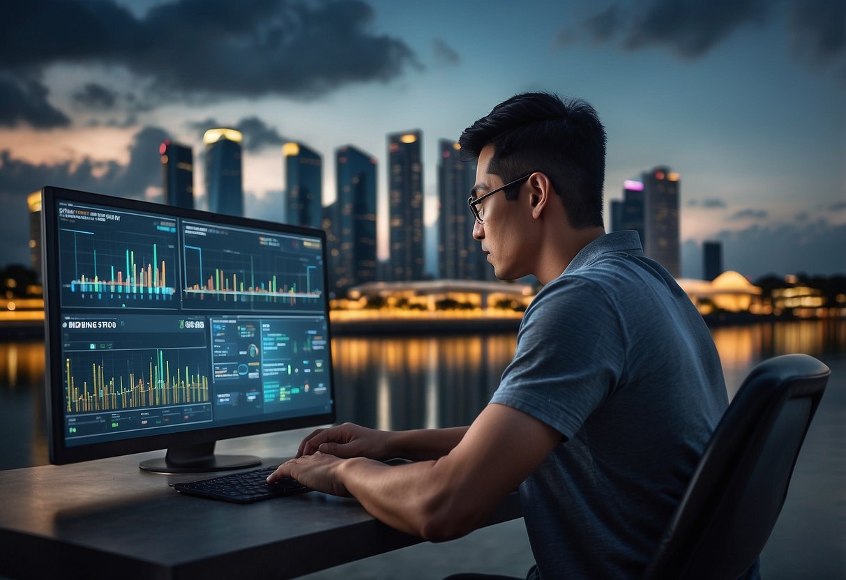 A person in Singapore selects a cloud mining provider on their computer, with a city skyline in the background
