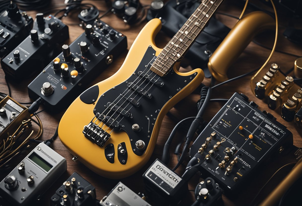 An electric saxophone surrounded by must-have effects pedals, with cables connecting them