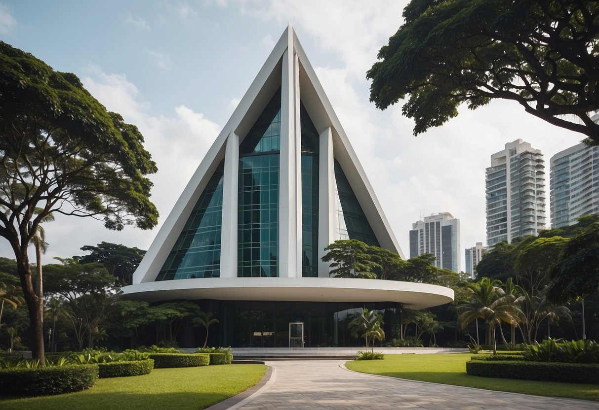 The Church of the Holy Family in Singapore stands tall with its modern architecture, featuring a sleek facade and a striking cross at the top. The surrounding landscape is lush with greenery, creating a serene and peaceful atmosphere