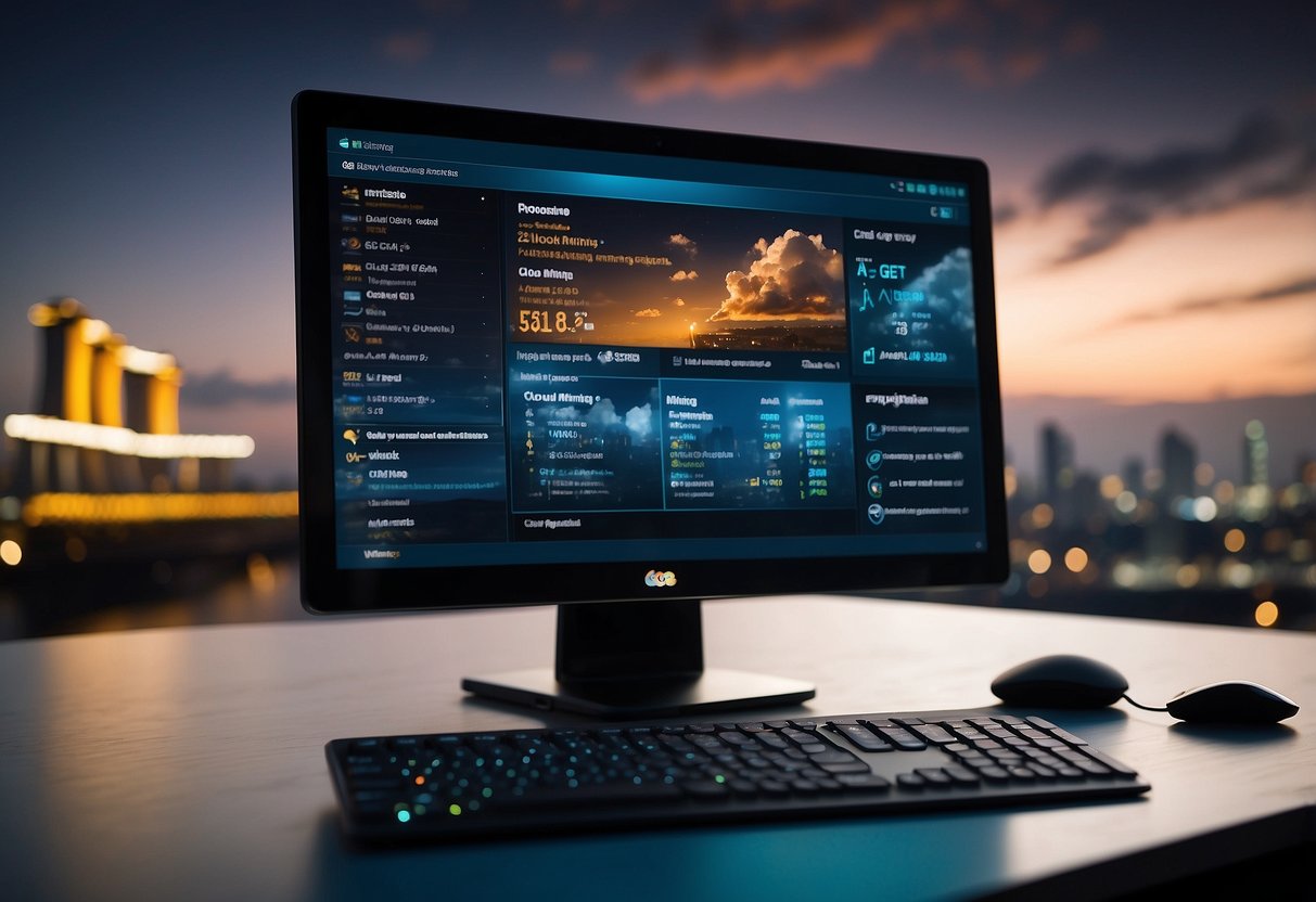 A computer screen displaying "Frequently Asked Questions" about Singapore cloud mining, with a cloud icon and mining equipment in the background