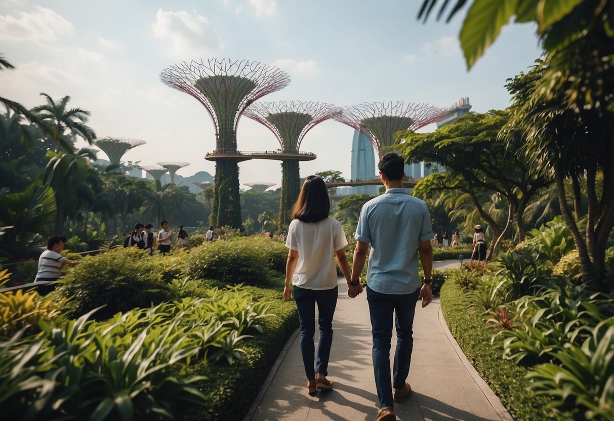 A couple strolling through the lush Gardens by the Bay, admiring the Supertree Grove and enjoying the vibrant flora and fauna