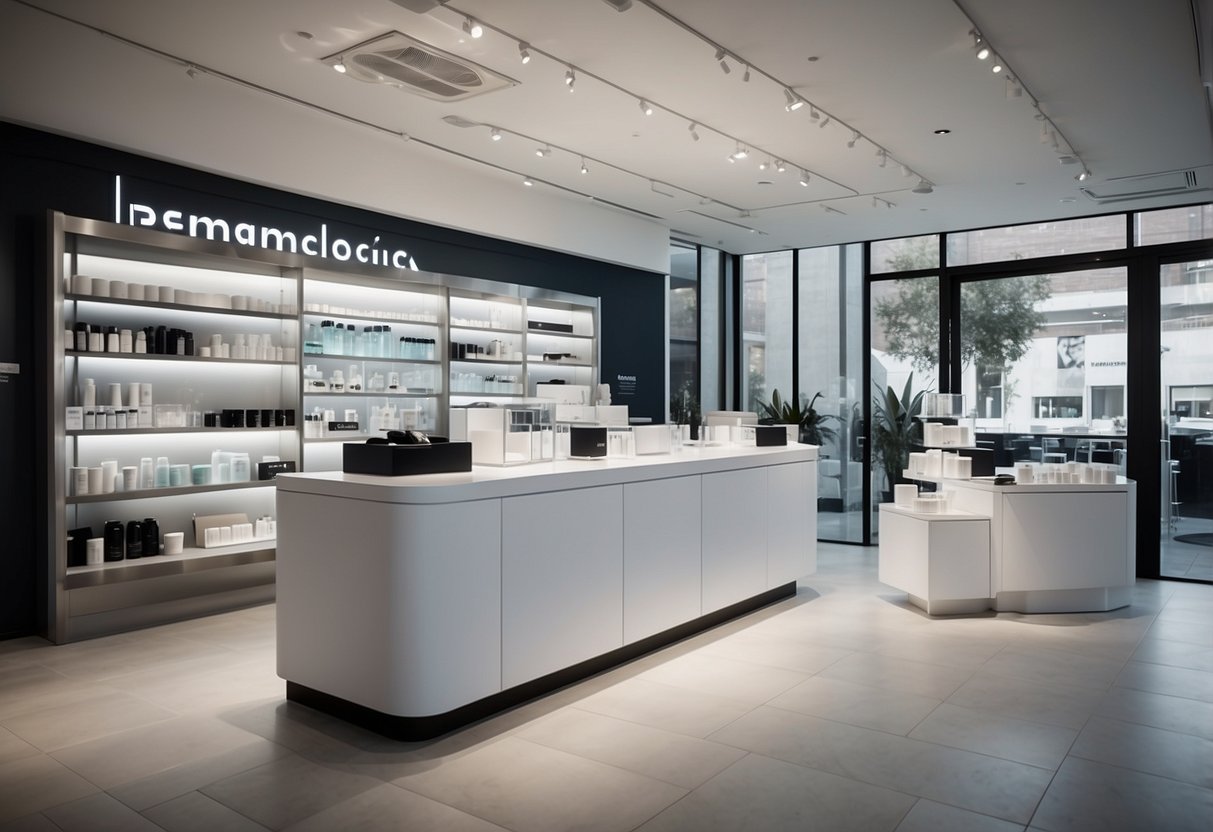 A clean, minimalist storefront with the dermalogica logo displayed prominently. A modern, sleek interior with shelves of skincare products and a consultation area