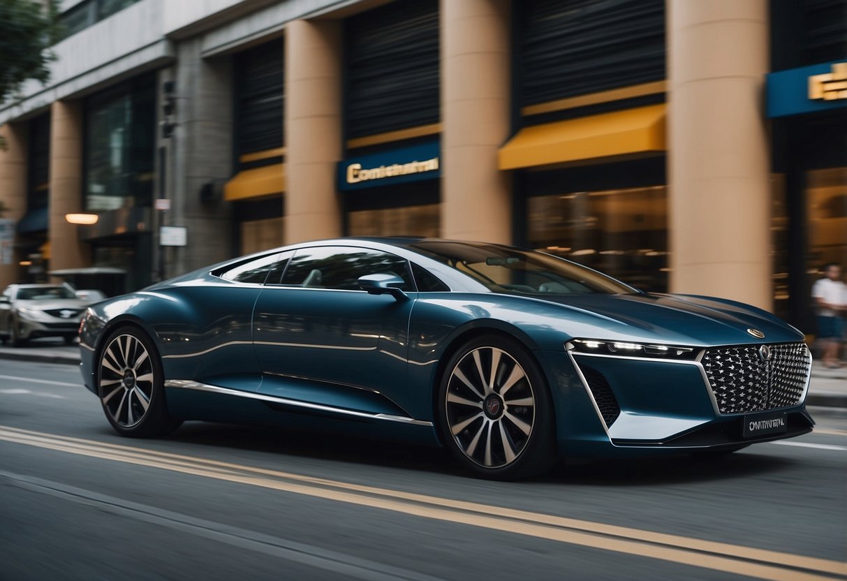 A sleek, modern car driving through a bustling city, passing by a row of automotive service shops with the Continental Automotive Singapore logo prominently displayed