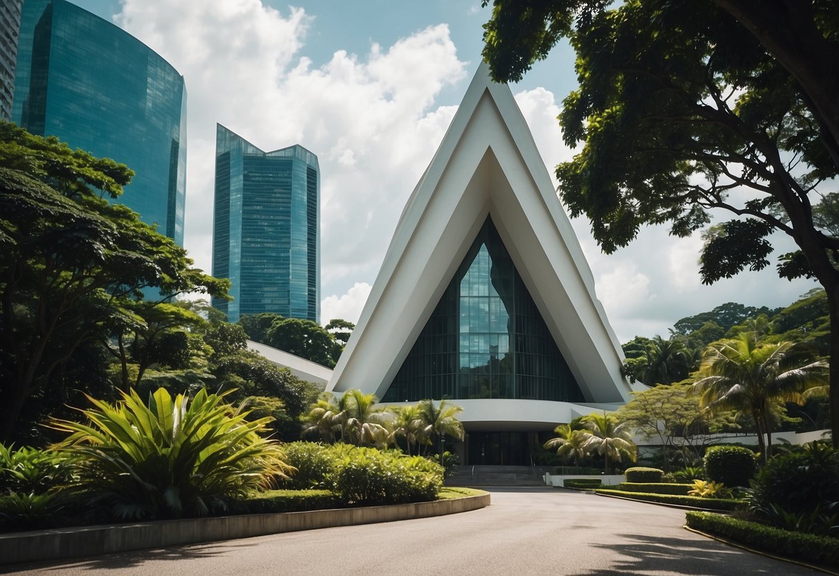 The church of the Holy Family in Singapore, with a modern architectural design, surrounded by lush greenery and a serene atmosphere
