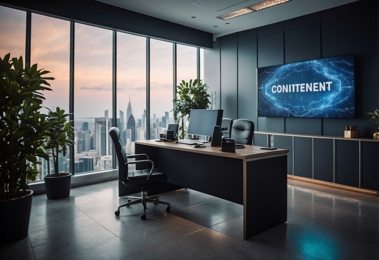 A brightly lit office space with a desk, computer, and a wall displaying a large "Frequently Asked Questions" sign for Continental Automotive Singapore