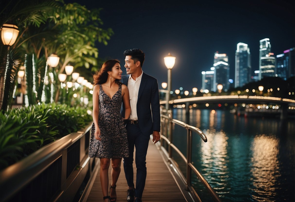 A couple strolling along the Singapore River, surrounded by twinkling city lights and lush greenery, enjoying a romantic boat ride or dining at a waterfront restaurant