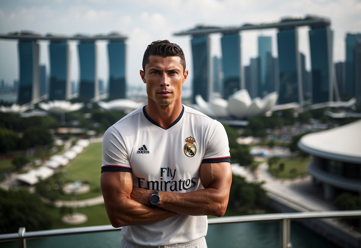 Cristiano Ronaldo in Singapore, with iconic landmarks in the background