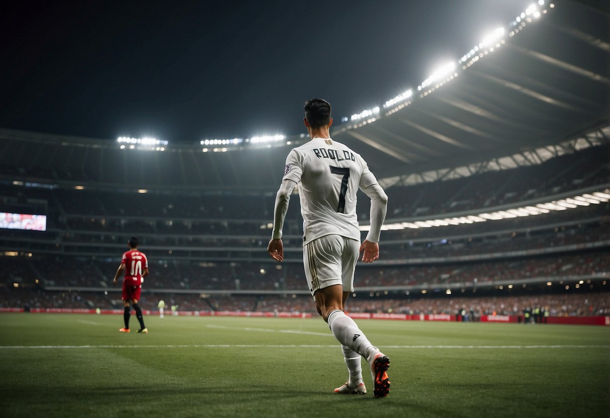 Cristiano Ronaldo's impact in Singapore: A crowded stadium, fans cheering, Ronaldo scoring a goal, and the city skyline in the background