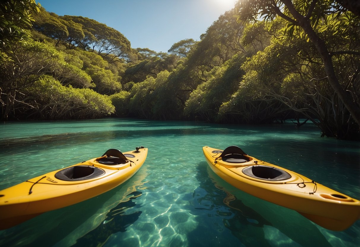 A couple kayaks through lush mangroves, surrounded by vibrant wildlife and serene waters. They explore hidden caves and enjoy a romantic picnic on a secluded beach