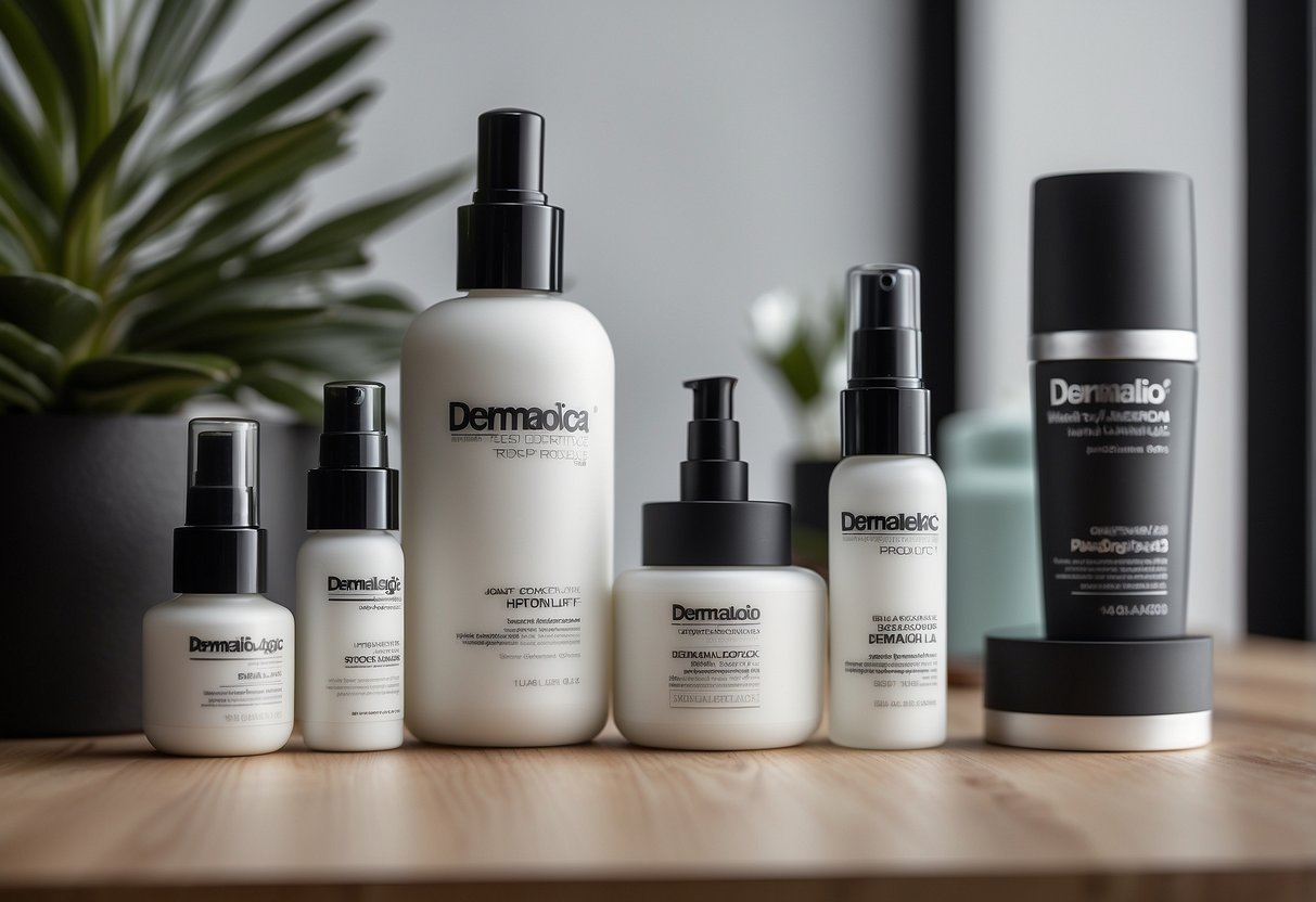 A table displaying Dermalogica's top skincare products with accompanying skincare advice posters on the wall