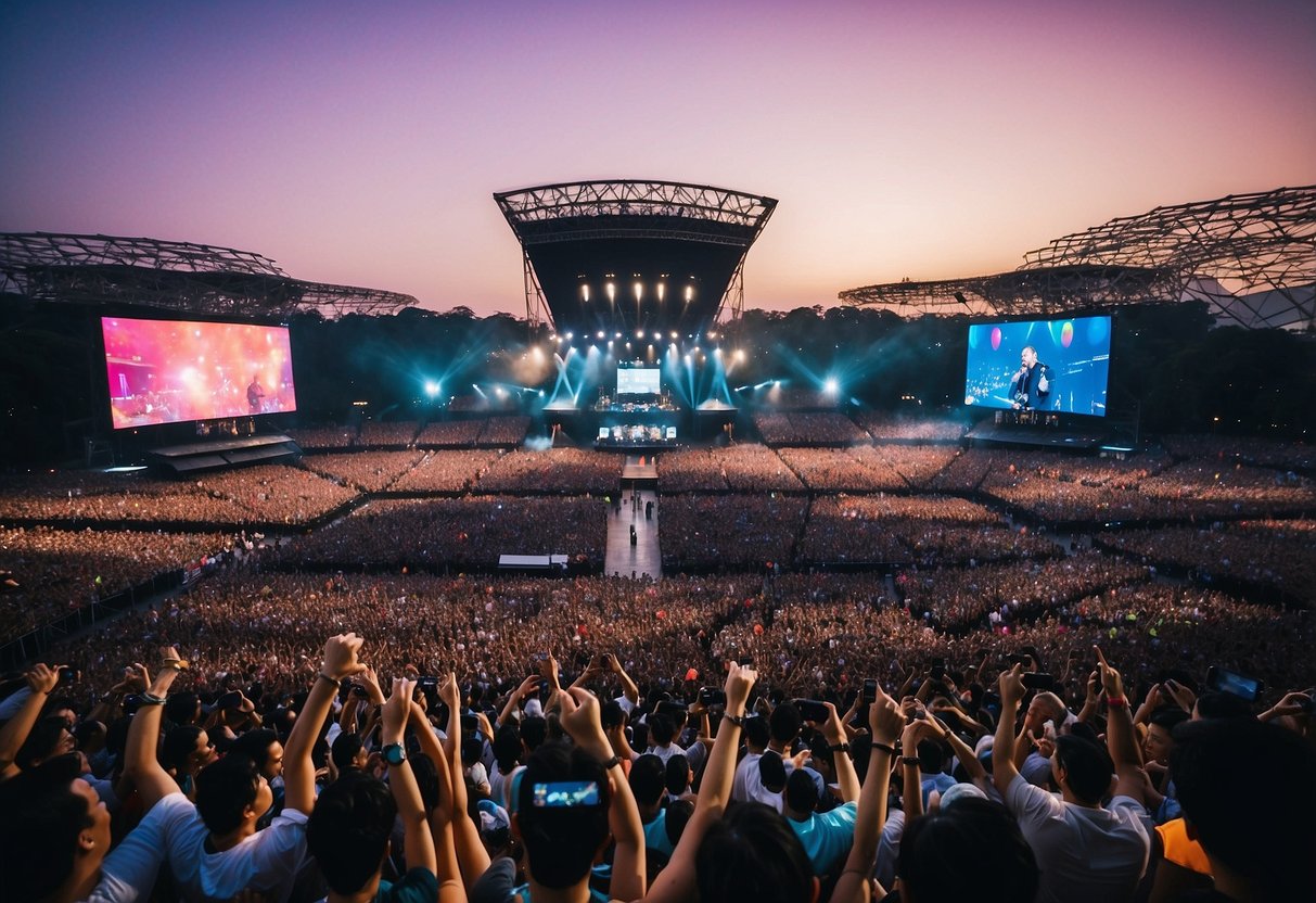 A crowded concert venue with Coldplay performing on stage in Singapore, while fans hold up signs and cheer