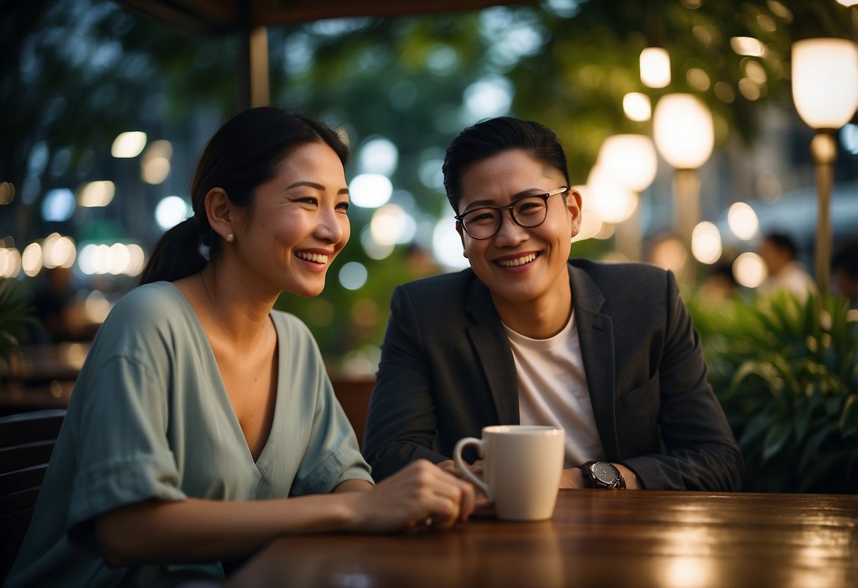 A couple sits at a cozy cafe table in Singapore, surrounded by lush greenery and city lights. They are engaged in conversation, smiling and enjoying each other's company