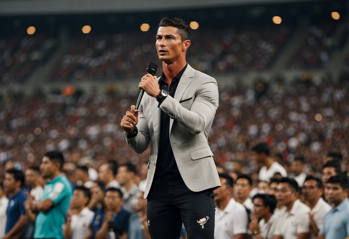 Cristiano Ronaldo standing in front of a crowd in Singapore, answering questions with a microphone in hand