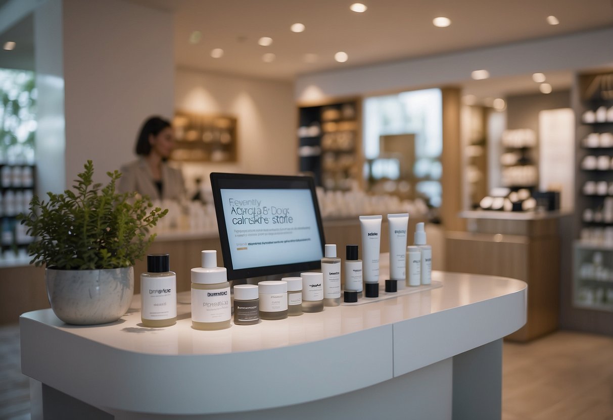 A table with dermalogica products, a customer service representative assisting a client, and a sign displaying "Frequently Asked Questions" in a skincare store in Singapore