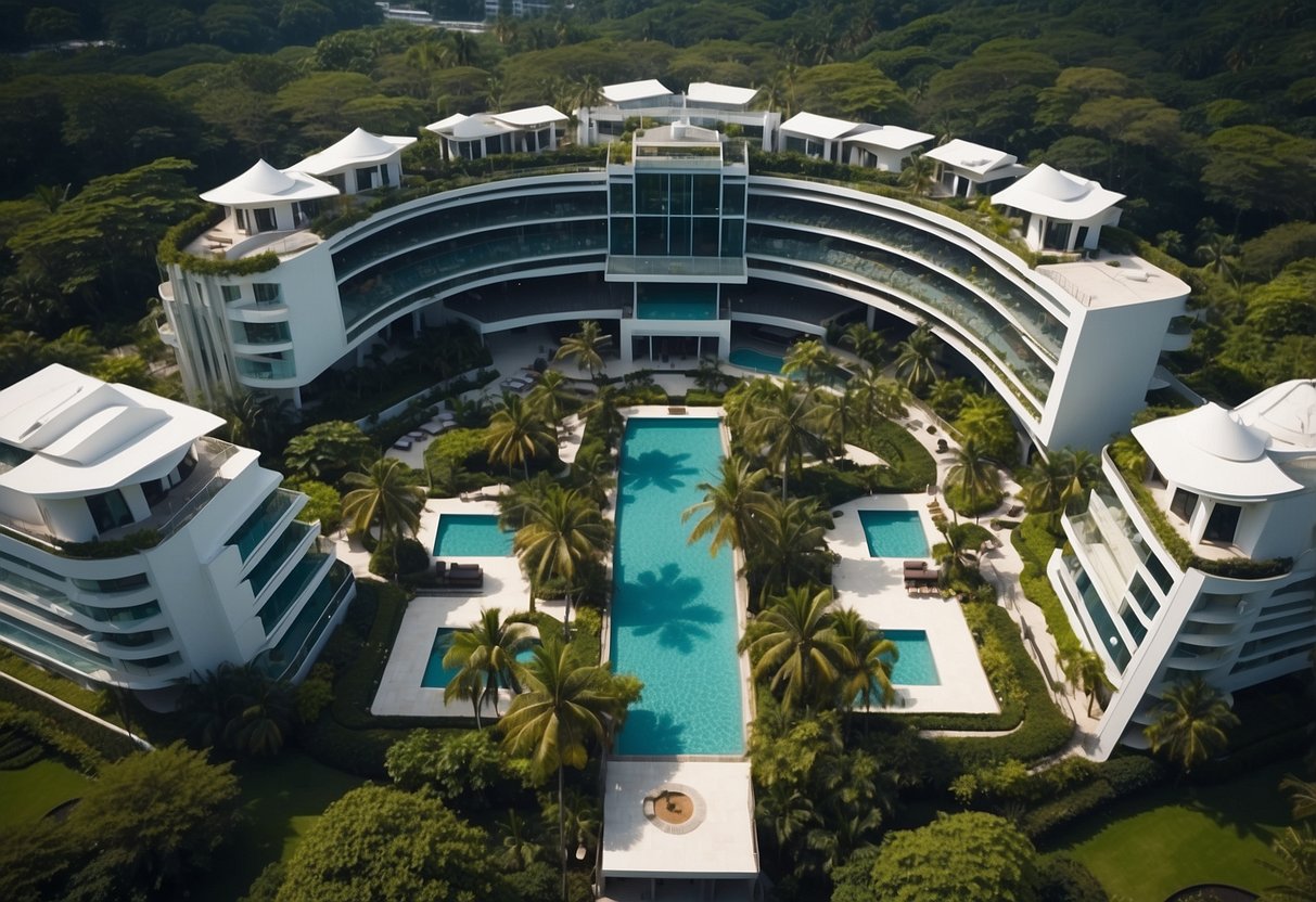 Aerial view of D Resort Singapore with lush greenery, modern architecture, and a sparkling pool surrounded by palm trees