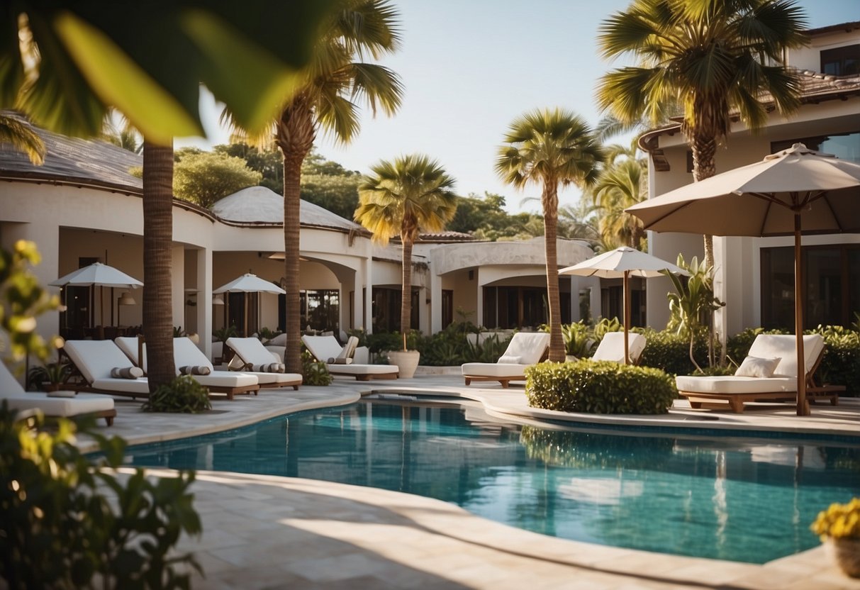 The resort features a pool, palm trees, and luxury villas overlooking the ocean. A spa, fitness center, and gourmet restaurant complete the scene