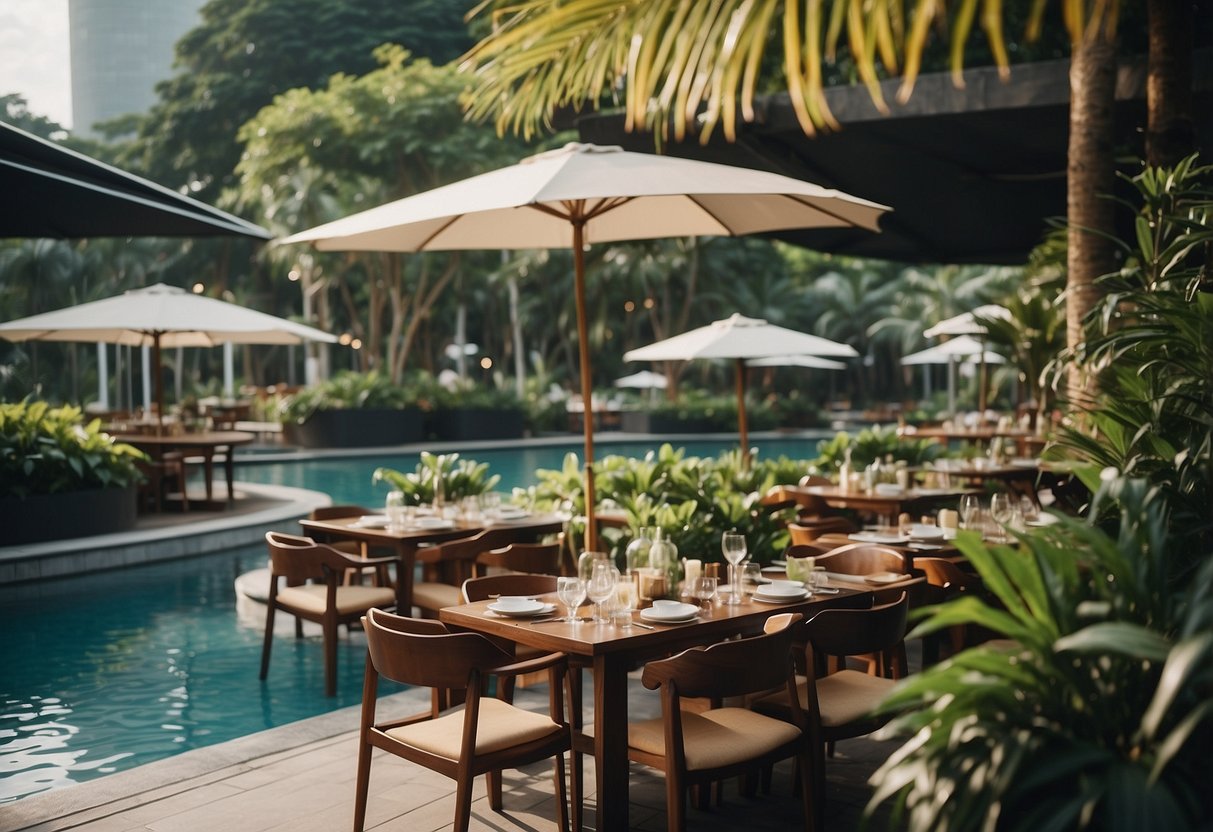 Guests enjoying the pool, dining at outdoor restaurants, and exploring the lush gardens at D Resort Singapore
