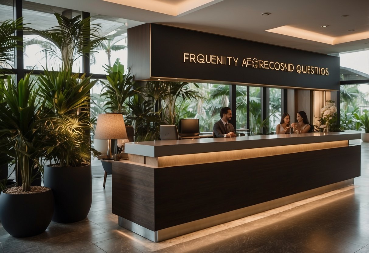 Guests lining up at the reception desk of a luxurious resort in Singapore, with a large sign above that reads "Frequently Asked Questions"