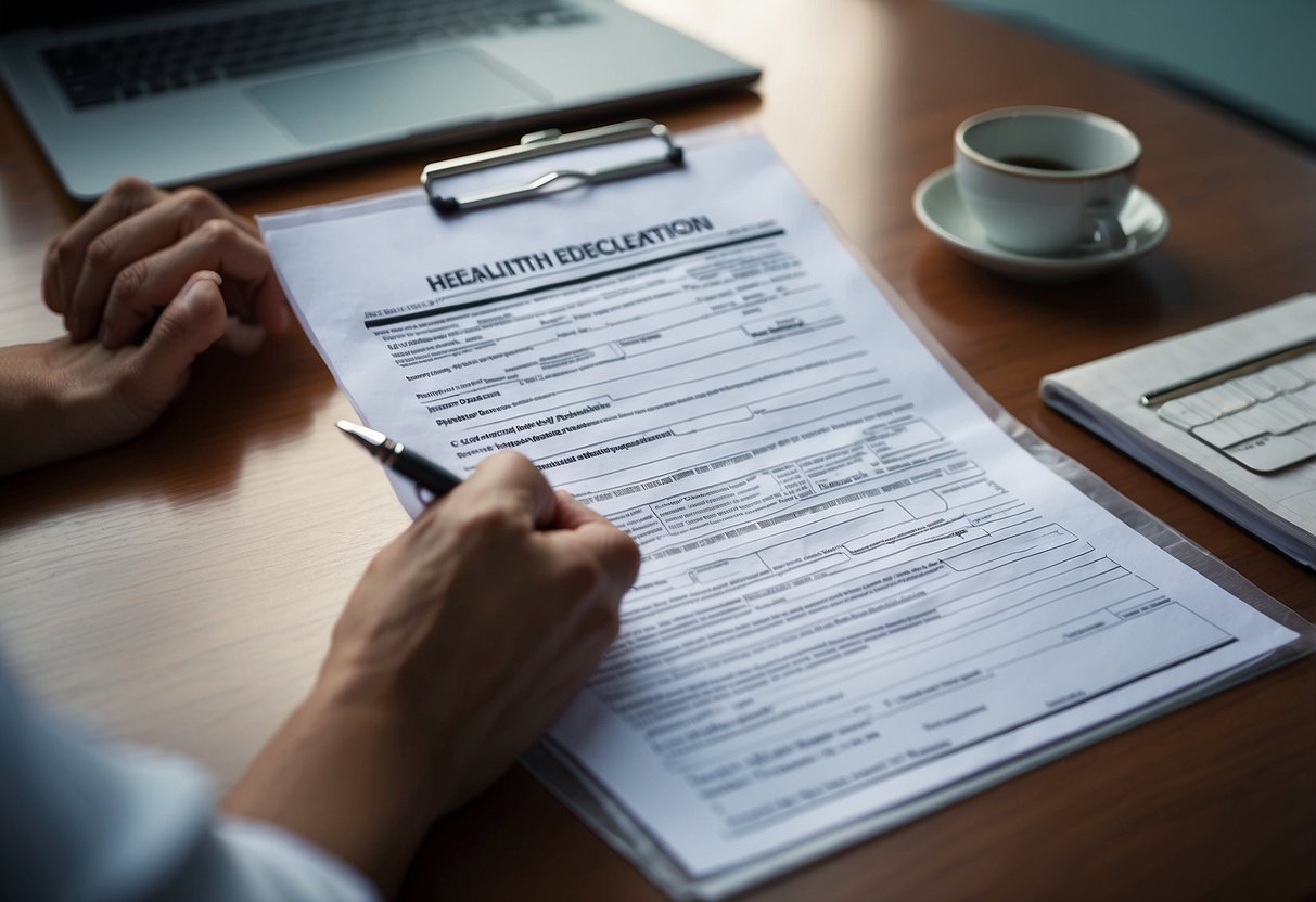 A person filling out a health declaration form with a pen at a desk in Singapore
