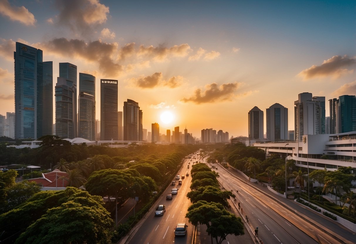 The sun sets over Beach Road, casting a golden glow on the iconic Golden Mile Complex in Singapore. The bustling street is lined with palm trees and colorful buildings