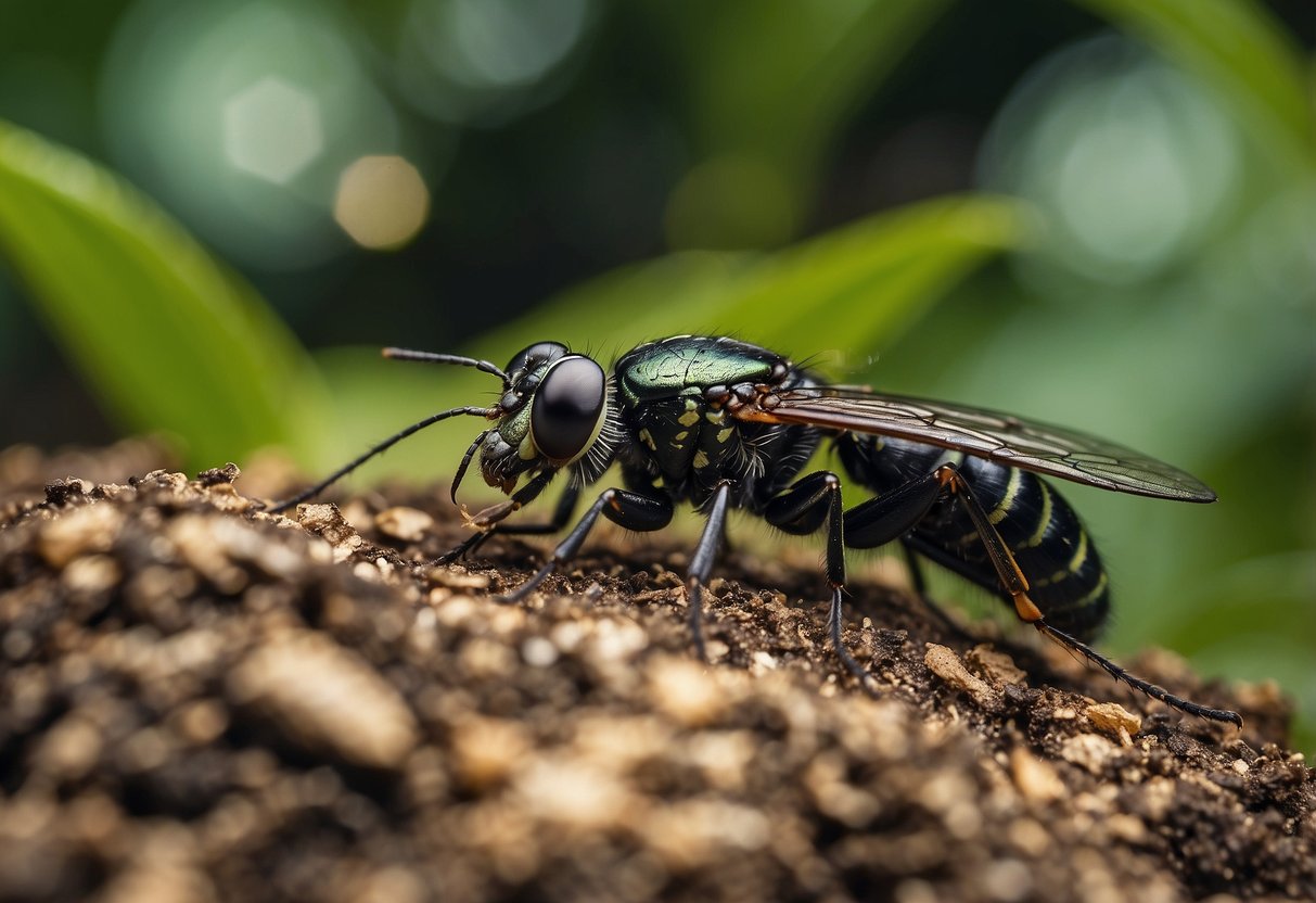 A group of black soldier flies in a lush urban environment in Singapore. The insects are seen flying around and laying eggs in a composting area