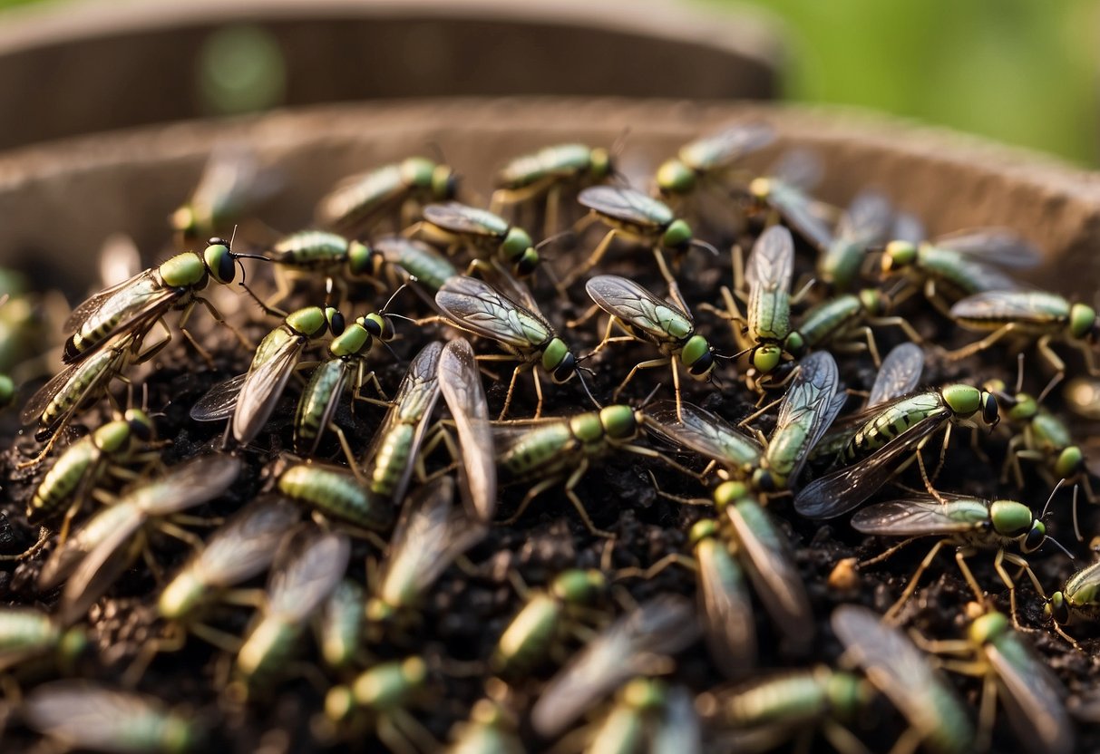 A swarm of black soldier flies devouring organic waste in a compost bin, with larvae crawling and adult flies buzzing around